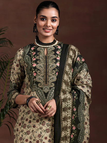 Libas Beige Printed Poly Crepe Straight Suit With Dupatta