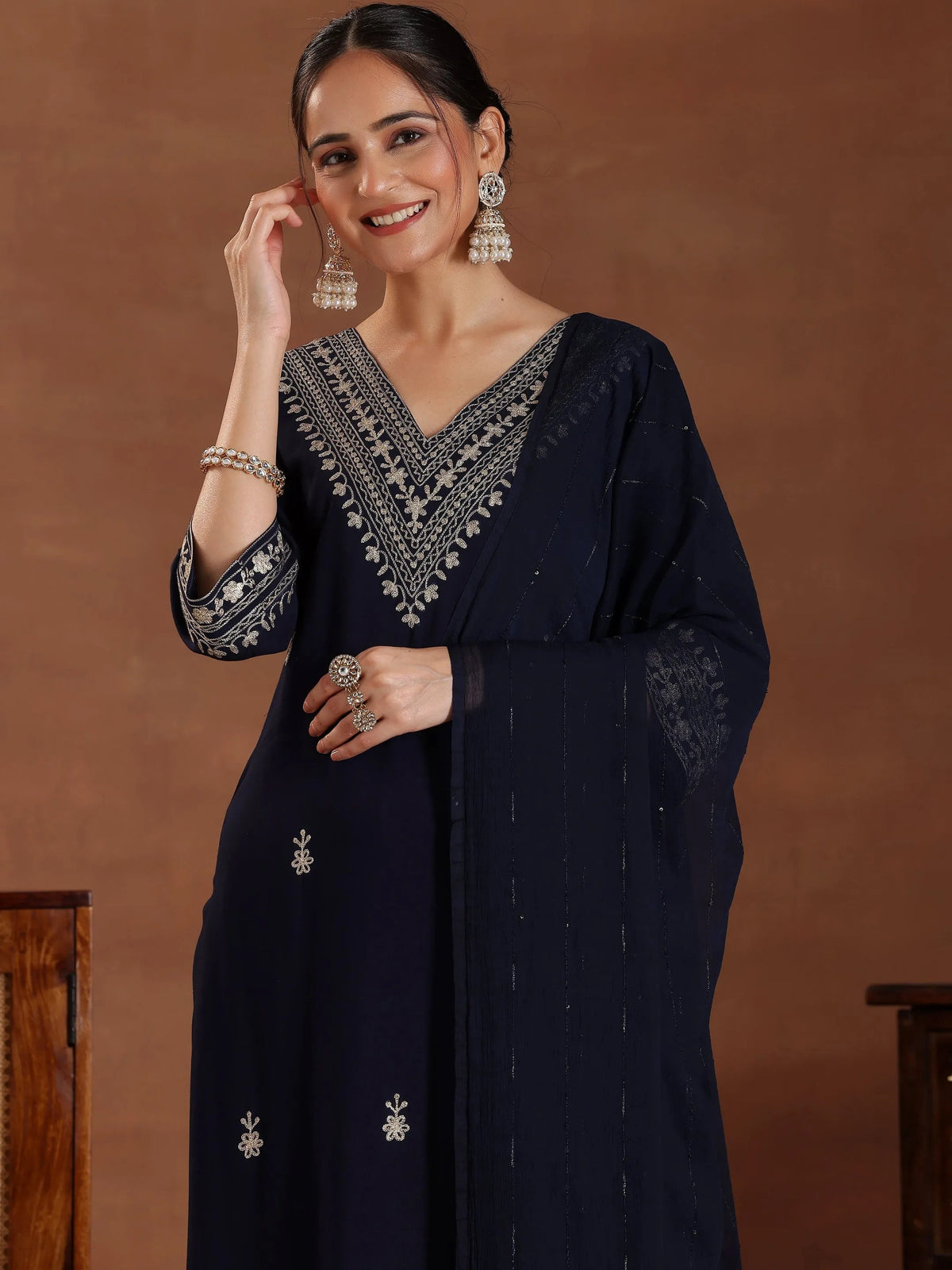 Libas Blue Embroidered Rayon Straight Suit With Dupatta