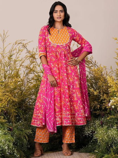 Libas Pink Yoke Design Cotton Anarkali Suit With Dupatta