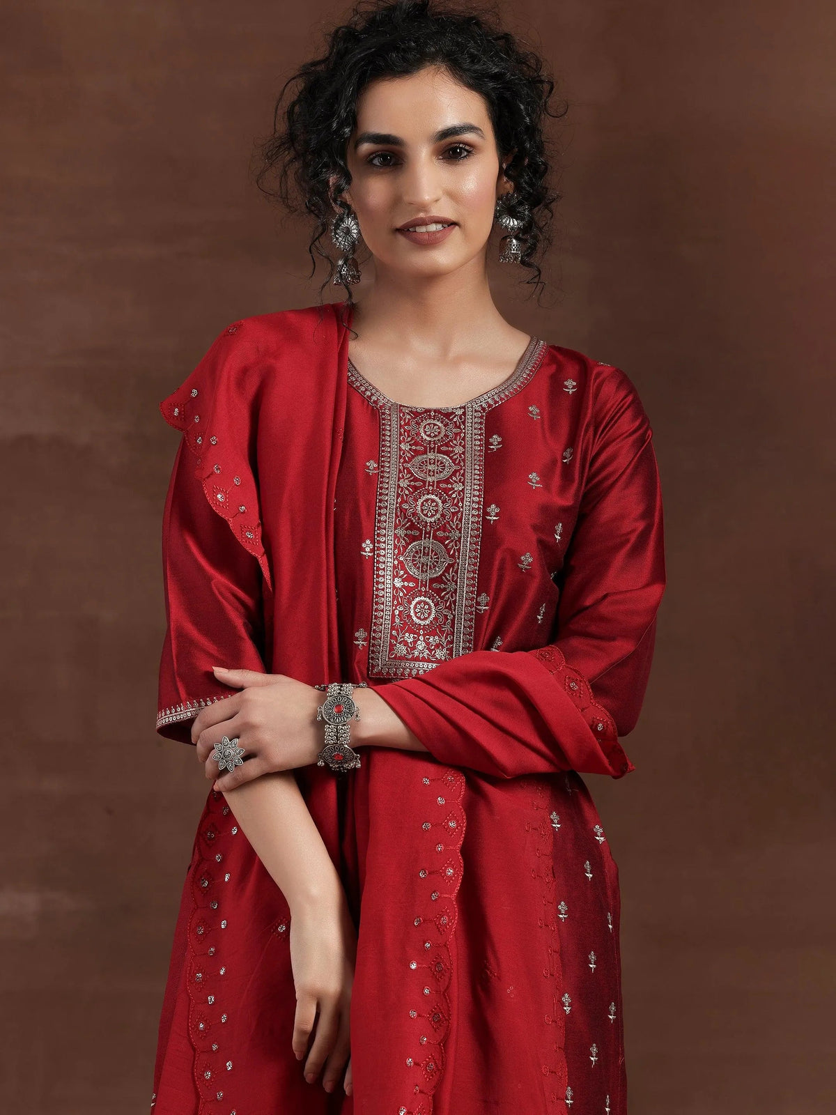 Gerua Red Embroidered Silk Blend Straight Suit With Dupatta