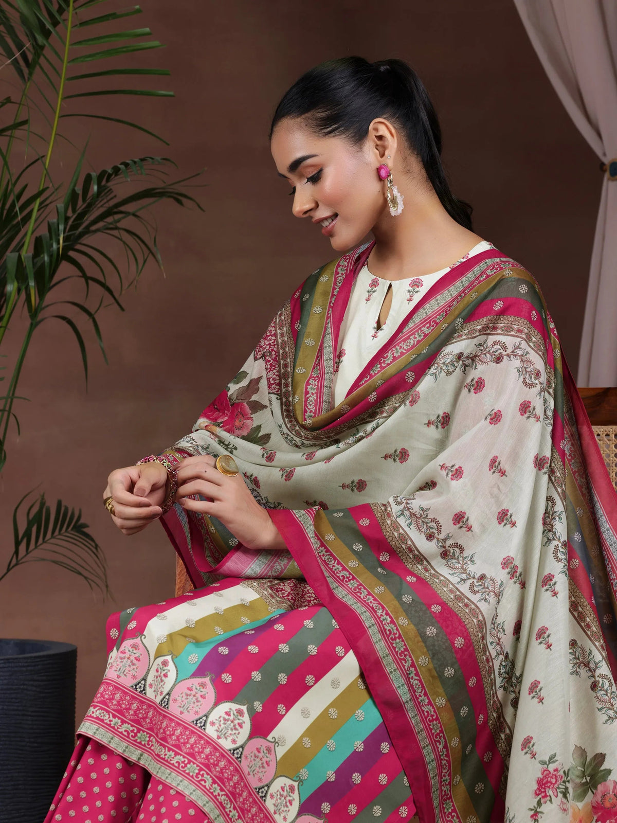 Libas Off White Printed Poly Crepe Straight Suit With Dupatta