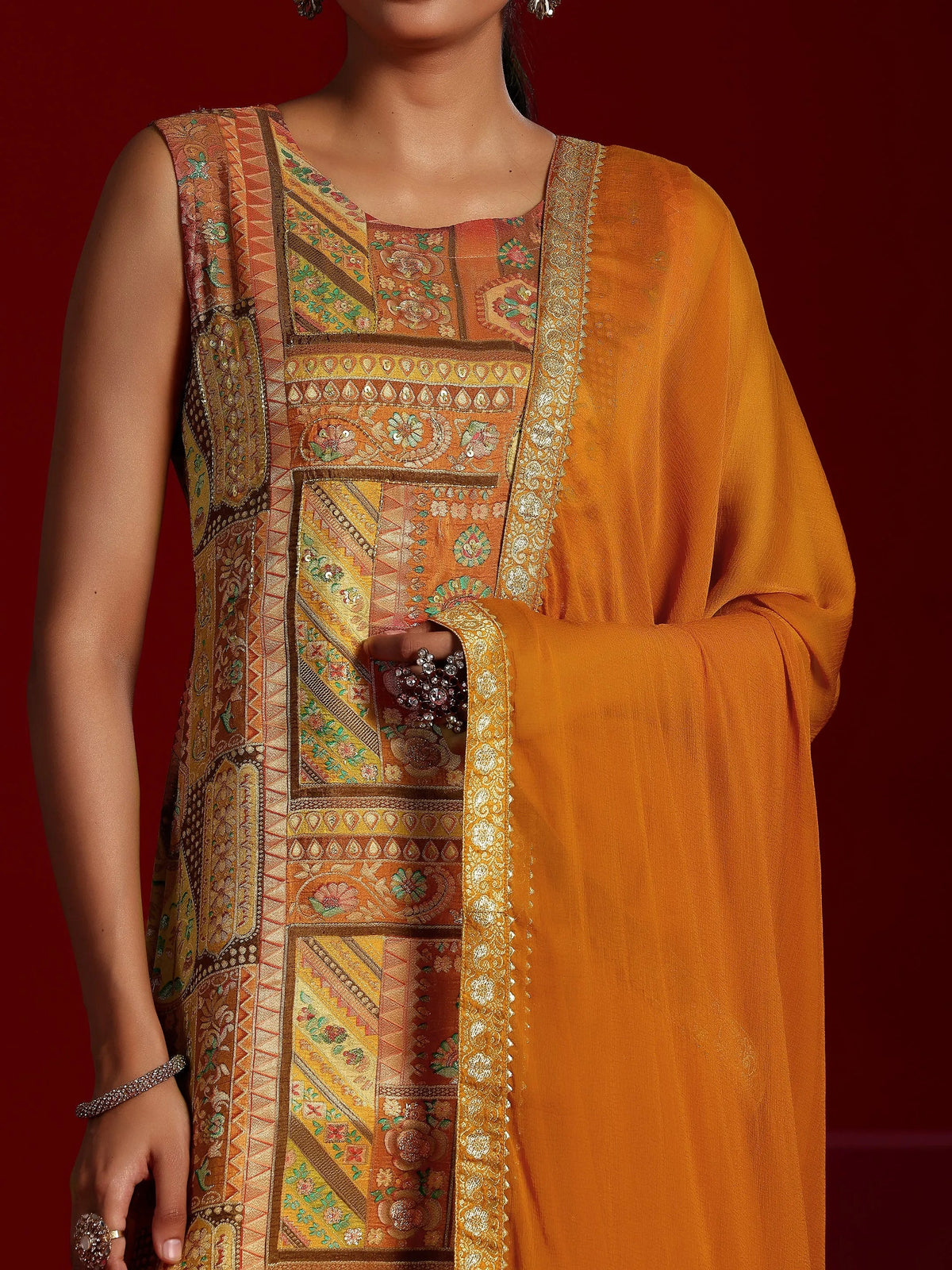 Libas Orange Woven Design Silk Blend Straight Suit With Dupatta