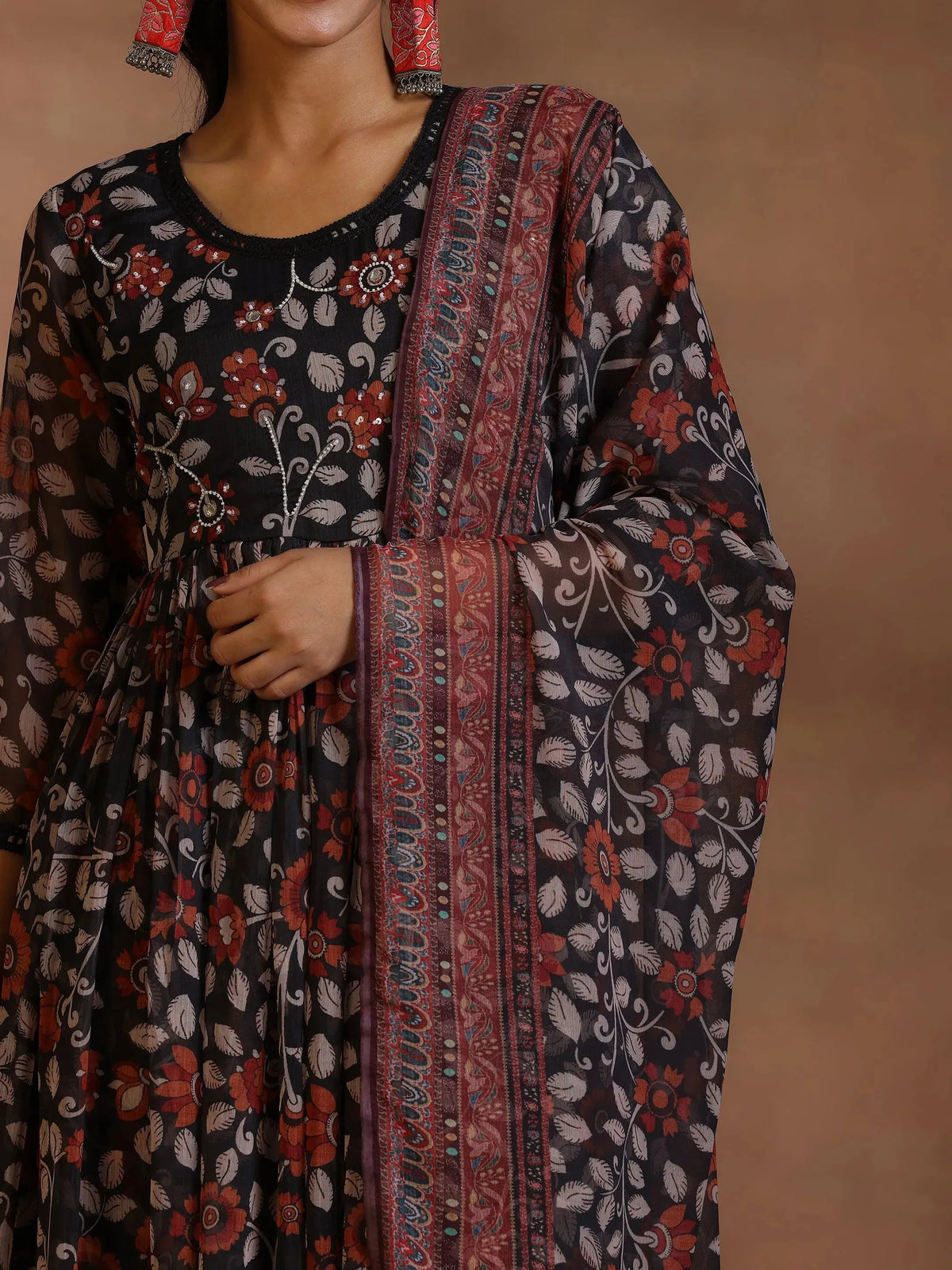 Gerua Black Printed Poly Chiffon A-Line Kurta With Palazzos & Dupatta