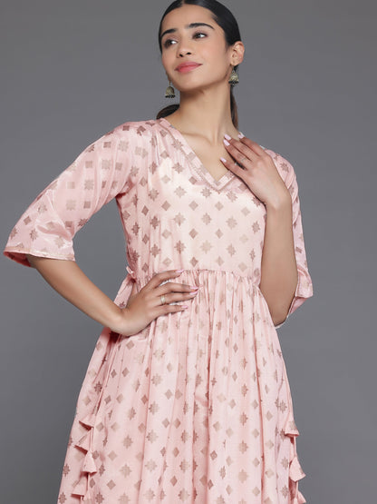 Libas Peach Printed Silk Blend A-Line Kurta With Trousers
