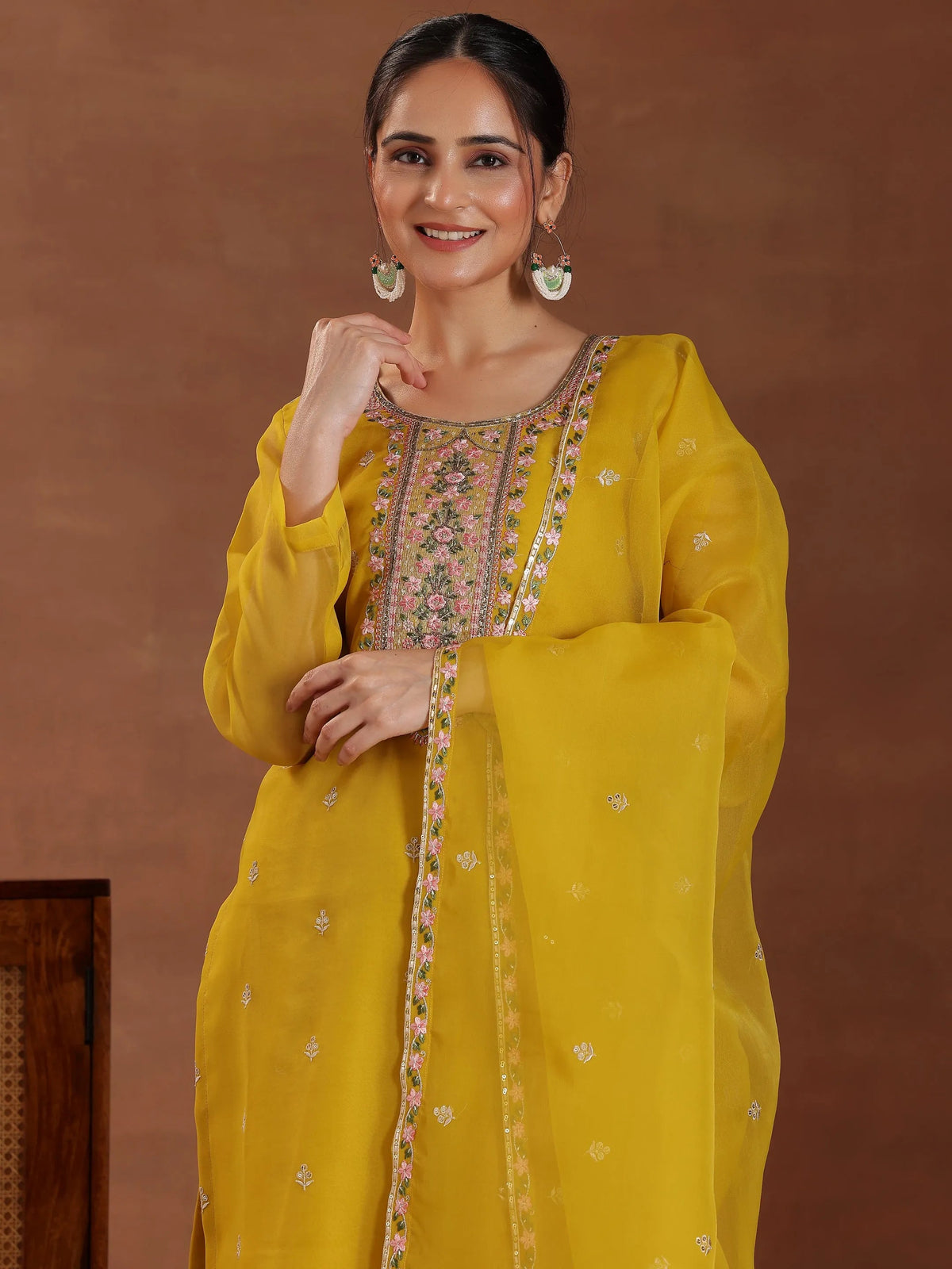 Libas Mustard Embroidered Organza Straight Suit With Dupatta