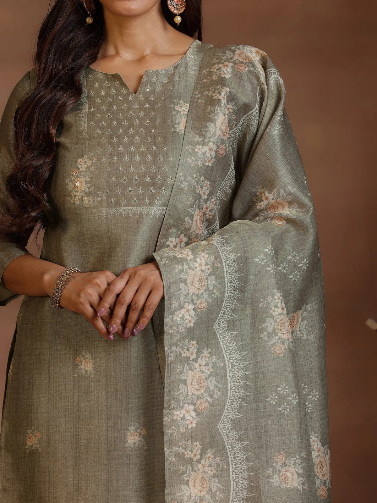 Libas Brown Printed Silk Straight Suit With Dupatta