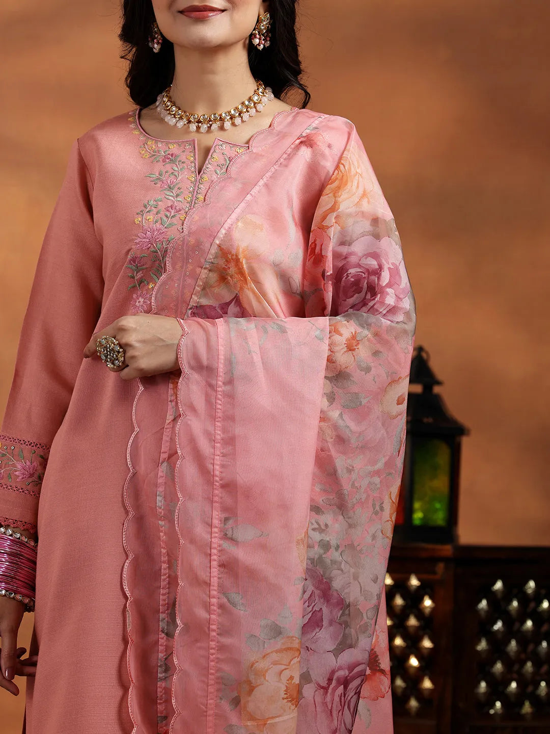 Libas Peach Yoke Design Silk Blend Straight Suit With Dupatta