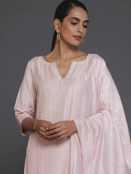 Libas Pink Self Design Silk Blend Straight Suit With Dupatta