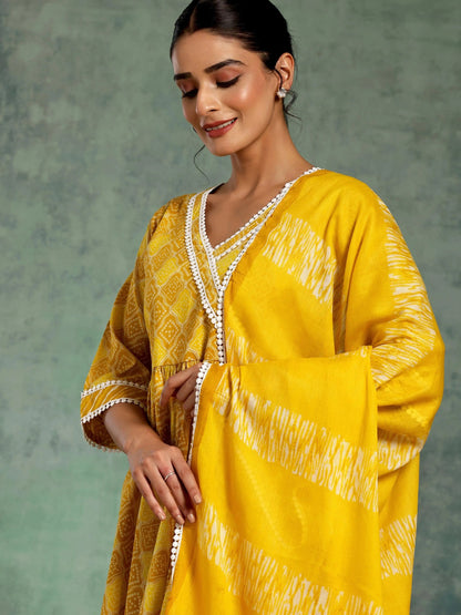 Libas Mustard Printed Cotton A-Line Kurta With Palazzos & Dupatta