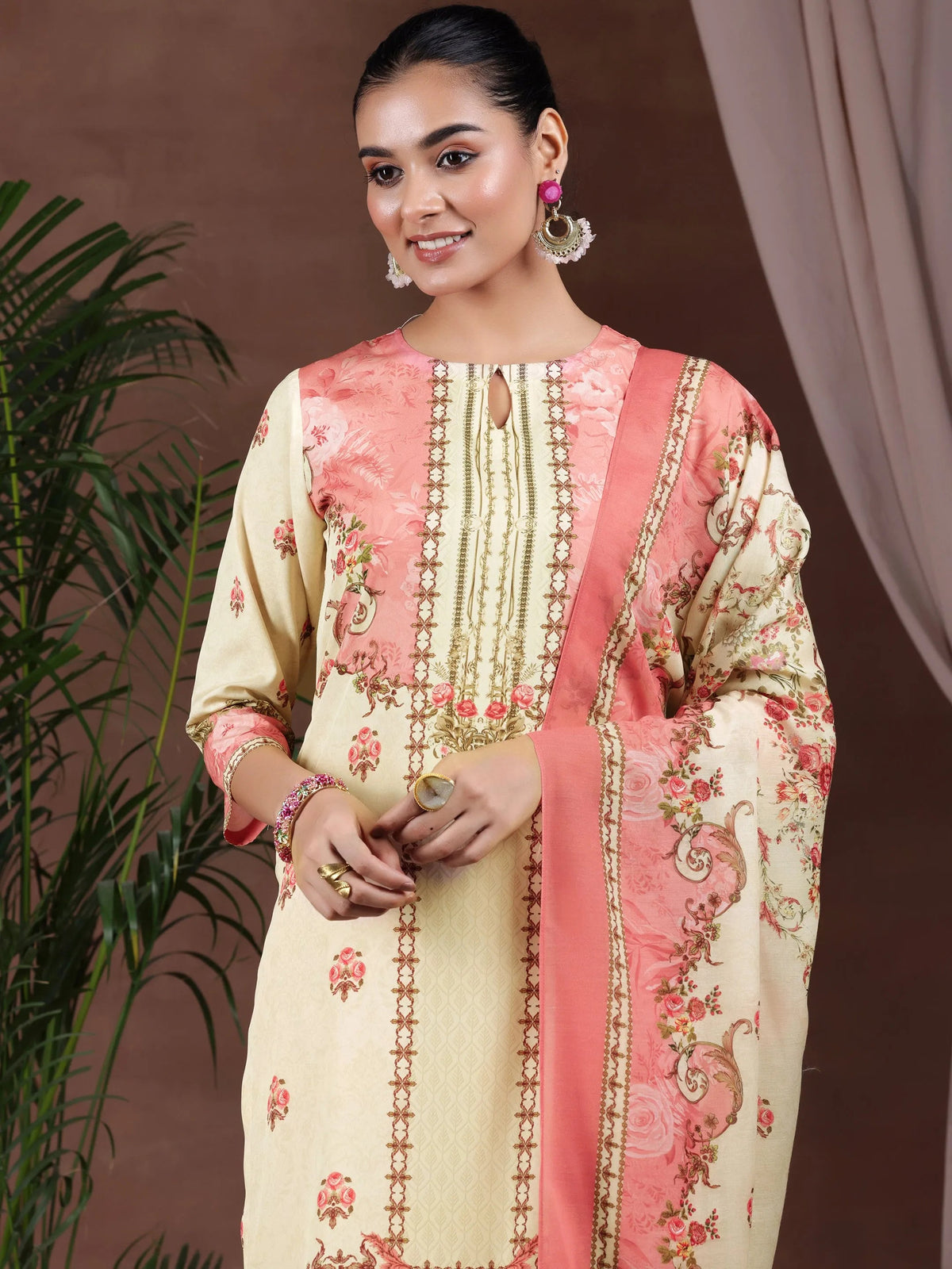 Gerua Beige Printed Poly Crepe Straight Suit With Dupatta