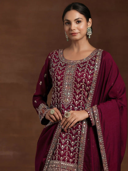 Libas Adaa Wine Embroidered Silk Blend Straight Kurta With Palazzos & Dupatta