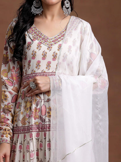 Libas Off white Printed Cotton A-Line Kurta With Palazzos & Dupatta