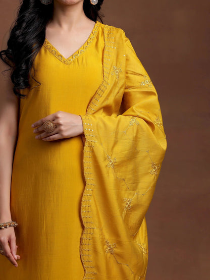 Gerua Mustard Solid Silk Blend Straight Suit With Dupatta