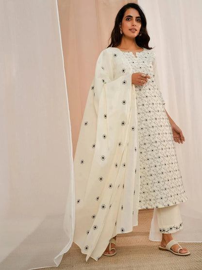 Libas Off White Embroidered Cotton Straight Suit With Dupatta