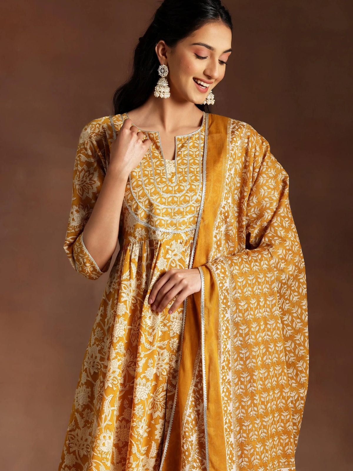 Libas Mustard Printed Cotton Anarkali Suit With Dupatta