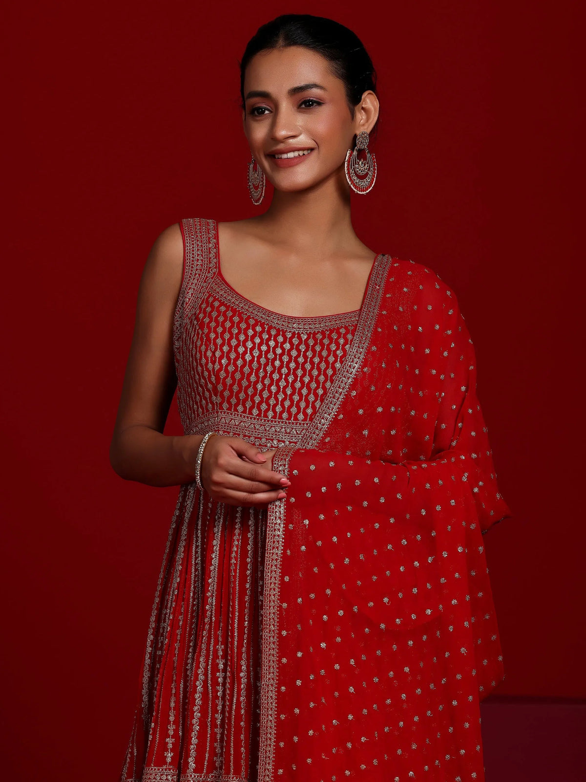 Libas Art Red Embroidered Georgette Anarkali Suit With Dupatta