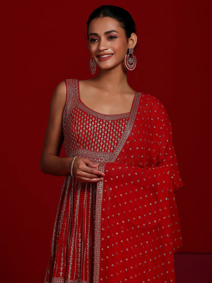 Libas Art Red Embroidered Georgette Anarkali Suit With Dupatta
