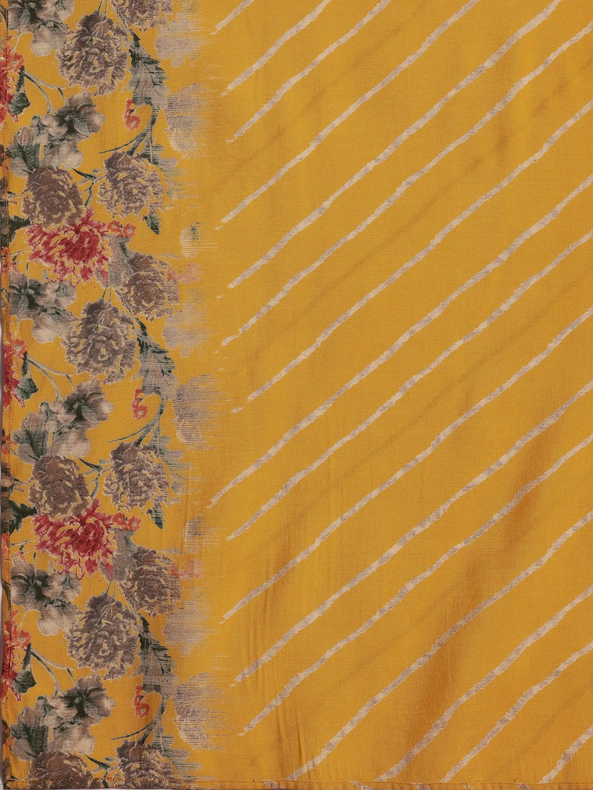Gerua Yellow Printed Silk Blend A-Line Kurta With Trousers & Dupatta