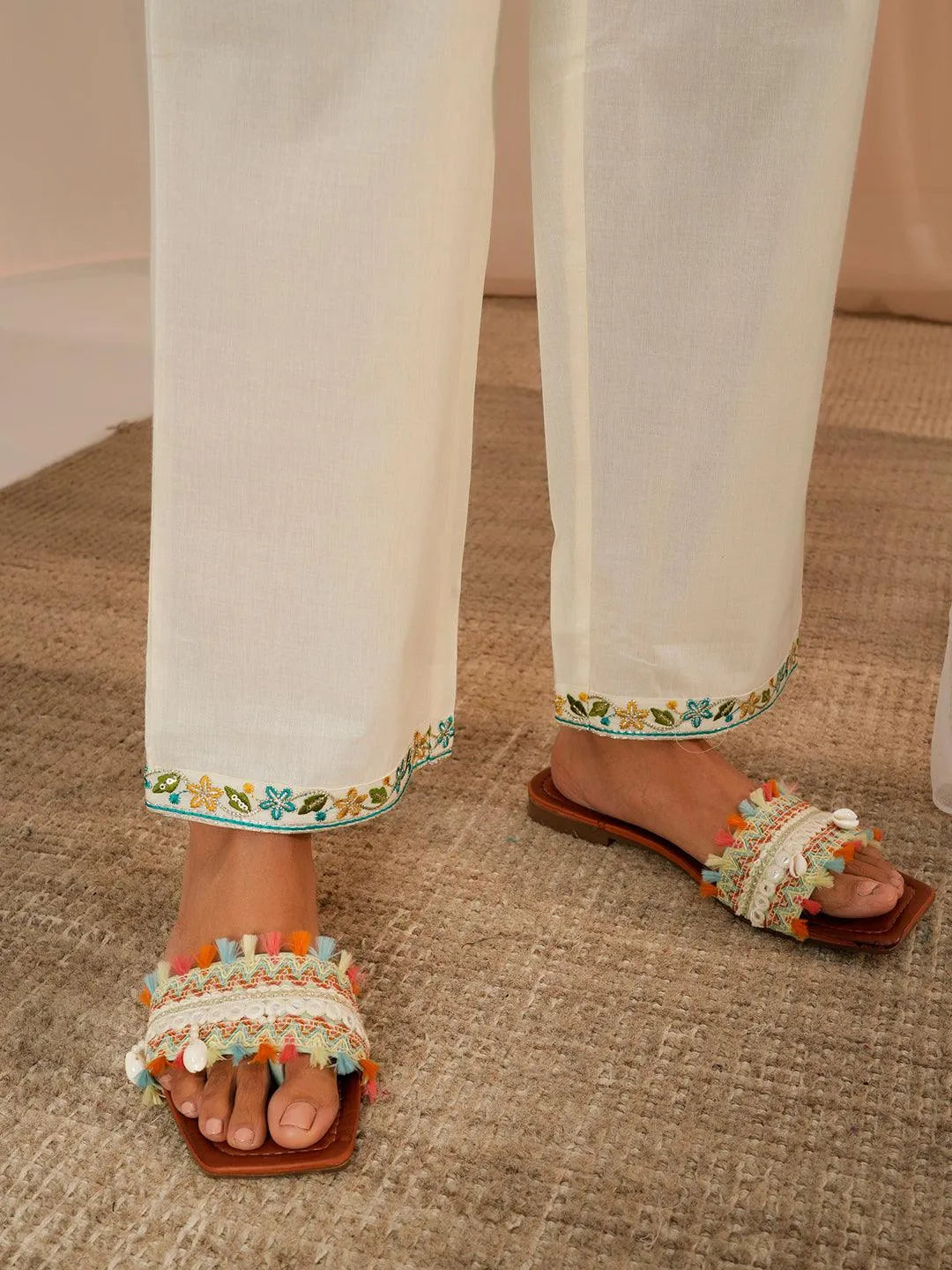 Gerua Off White Yoke Design Cotton Blend A-Line Kurta With Palazzos & Dupatta