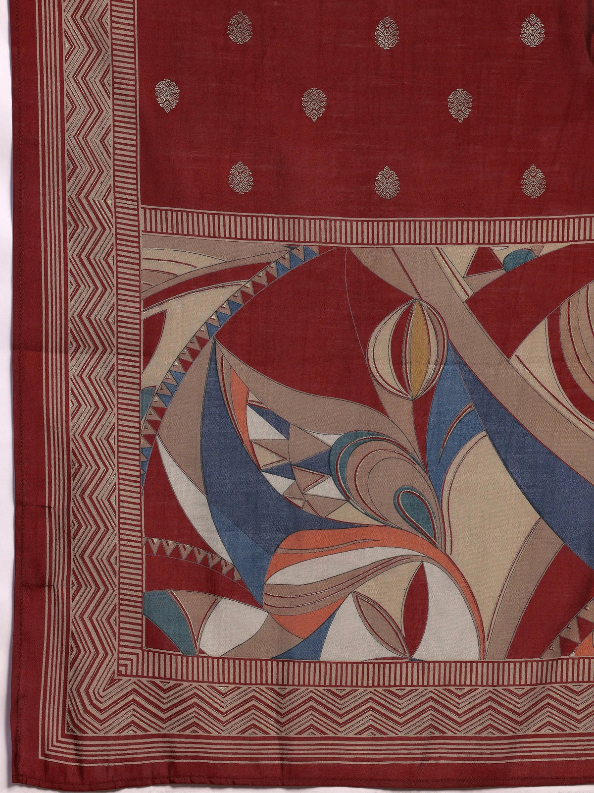 Libas Maroon Printed Silk Blend A-Line Kurta With Trousers & Dupatta