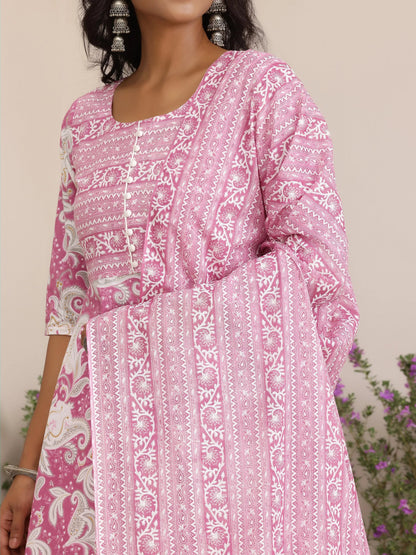 Libas Pink Printed Cotton Anarkali Suit With Dupatta