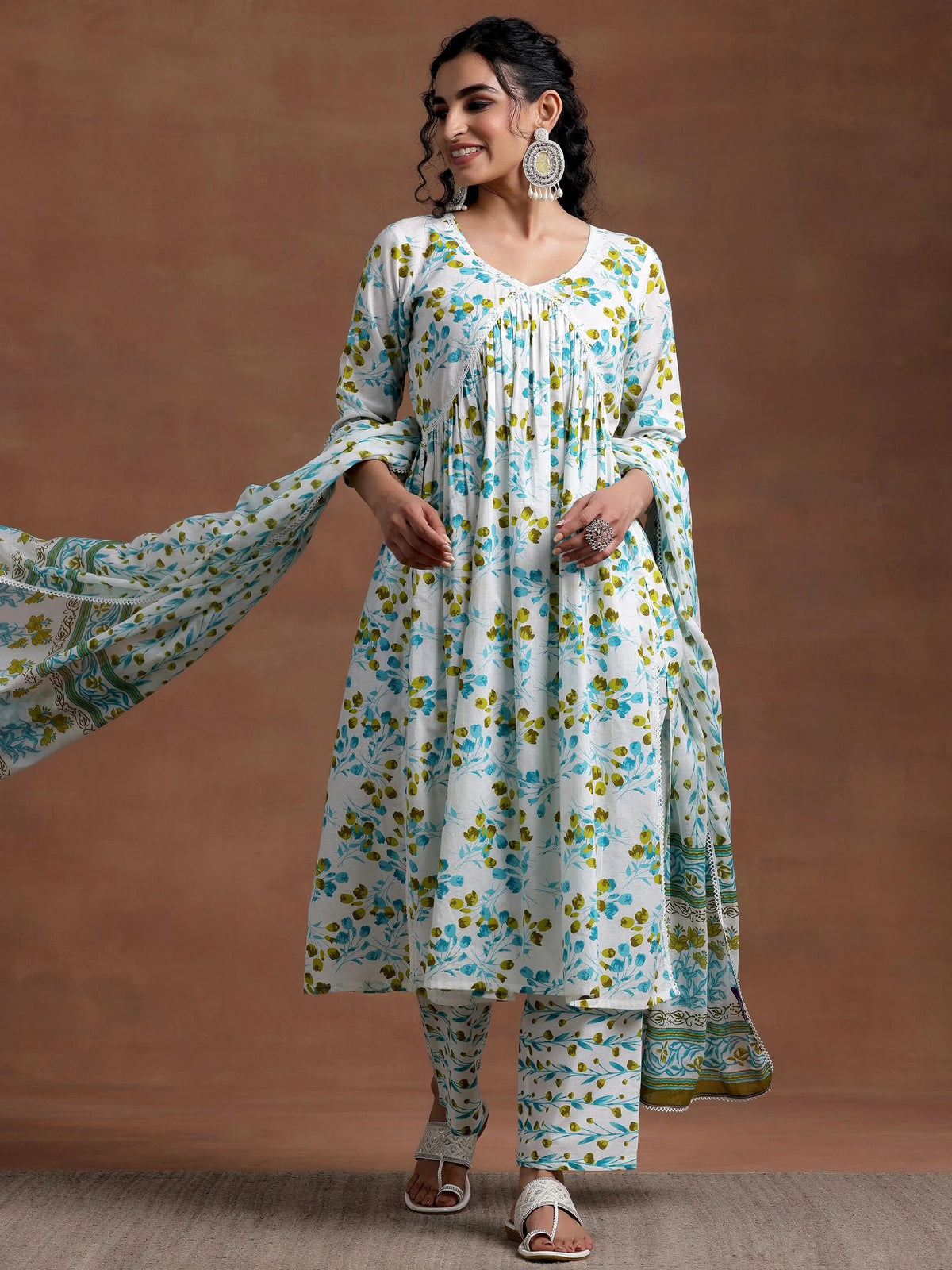 Libas Off White Printed Cotton A-Line Kurta With Palazzos & Dupatta