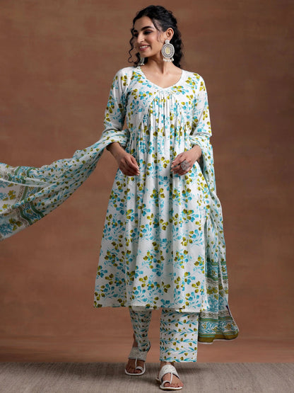 Libas Off White Printed Cotton A-Line Kurta With Palazzos & Dupatta