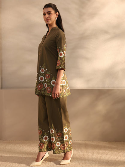 Libas Brown Floral Printed Front Slit Cotton Co-Ord Set