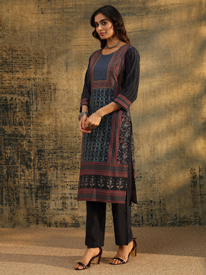 Libas Navy Blue Ajrakh Silk Blend Straight Suit Set