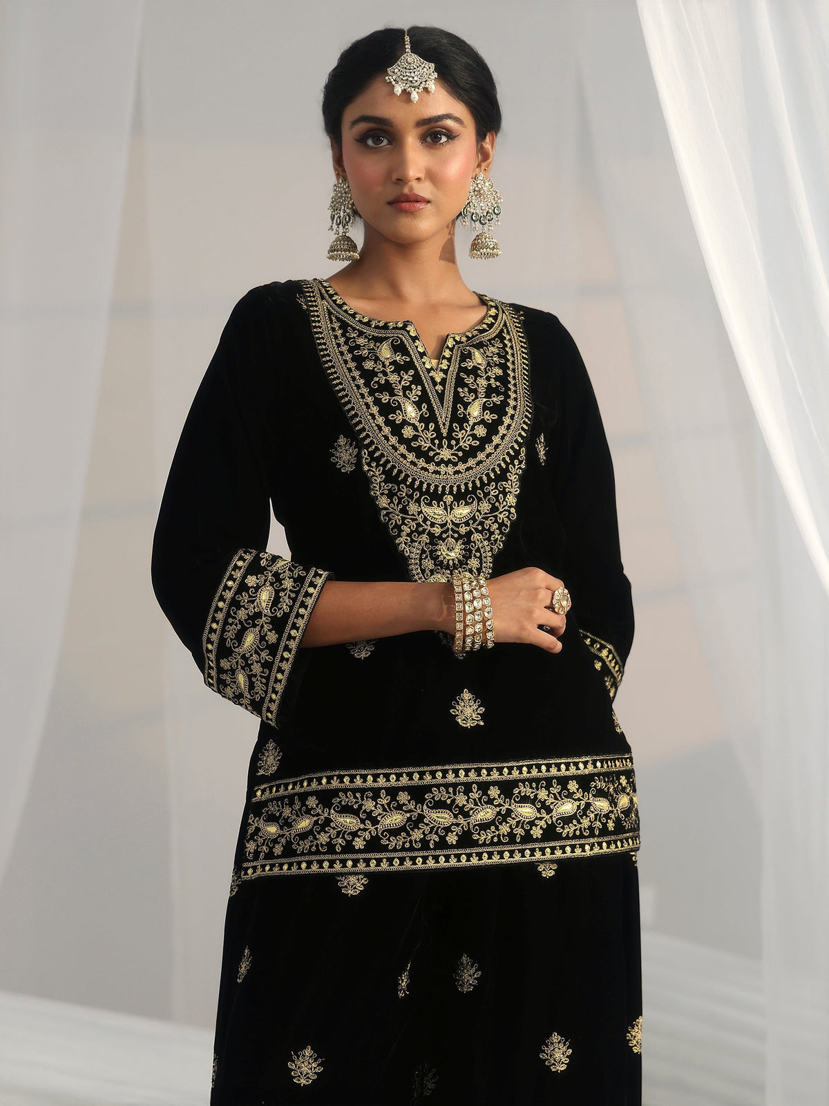 Libas Black Yoke Embroidered Design Velvet Co-Ord Set