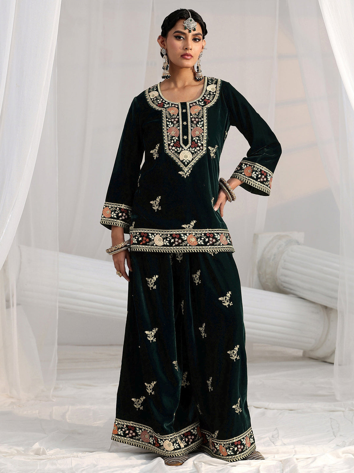 Libas Dark Teal Green Yoke Embroidered Design Velvet Co-Ord Set