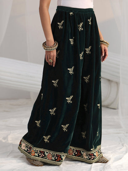Libas Dark Teal Green Yoke Embroidered Design Velvet Co-Ord Set