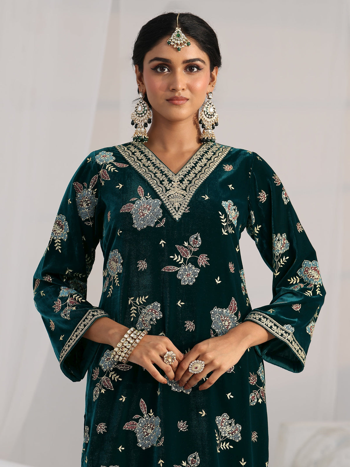 Libas Peacock Green Floral Embroidered Velvet Straight Suit Set