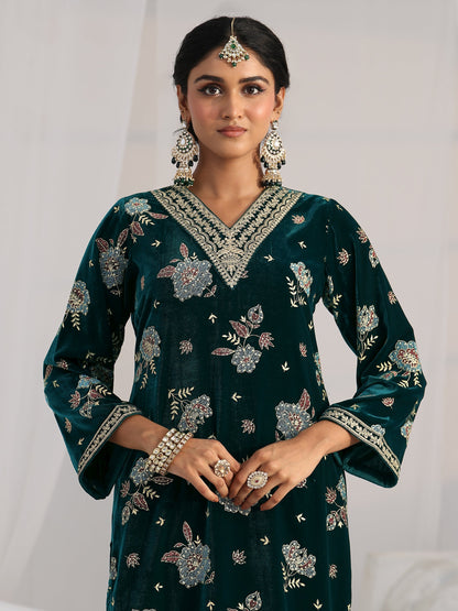 Libas Peacock Green Floral Embroidered Velvet Straight Suit Set