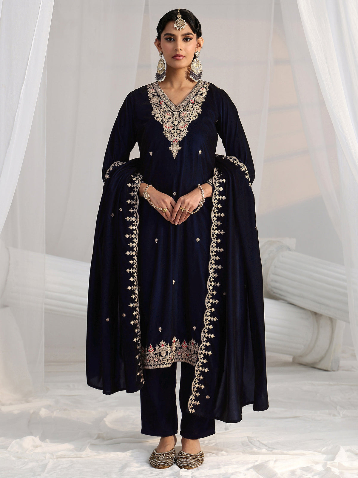 Libas Navy Blue Embroidered Velvel Straight Suit Set