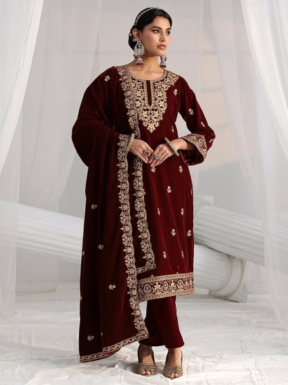 Libas Maroon Floral Embroidered Velvet Straight Suit Set