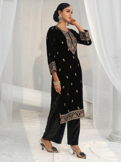 Libas Black Ethnic Embroidered Velvet Straight Suit Set