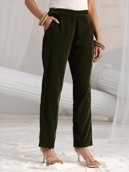 Libas Forest Green Yoke Design Velvet Straight Suit Set