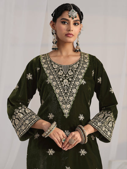 Libas Forest Green Yoke Design Velvet Straight Suit Set