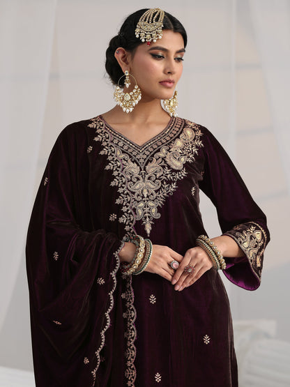 Libas Burgundy Yoke Design Velvet Straight Suit Set