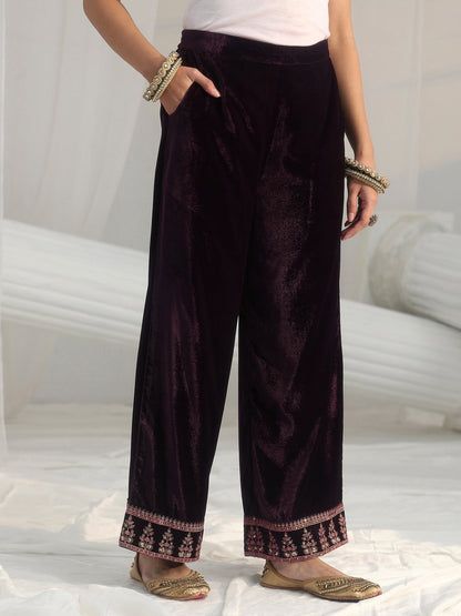 Libas Deep Plum Purple Floral Embellished Velvet Straight Suit Set