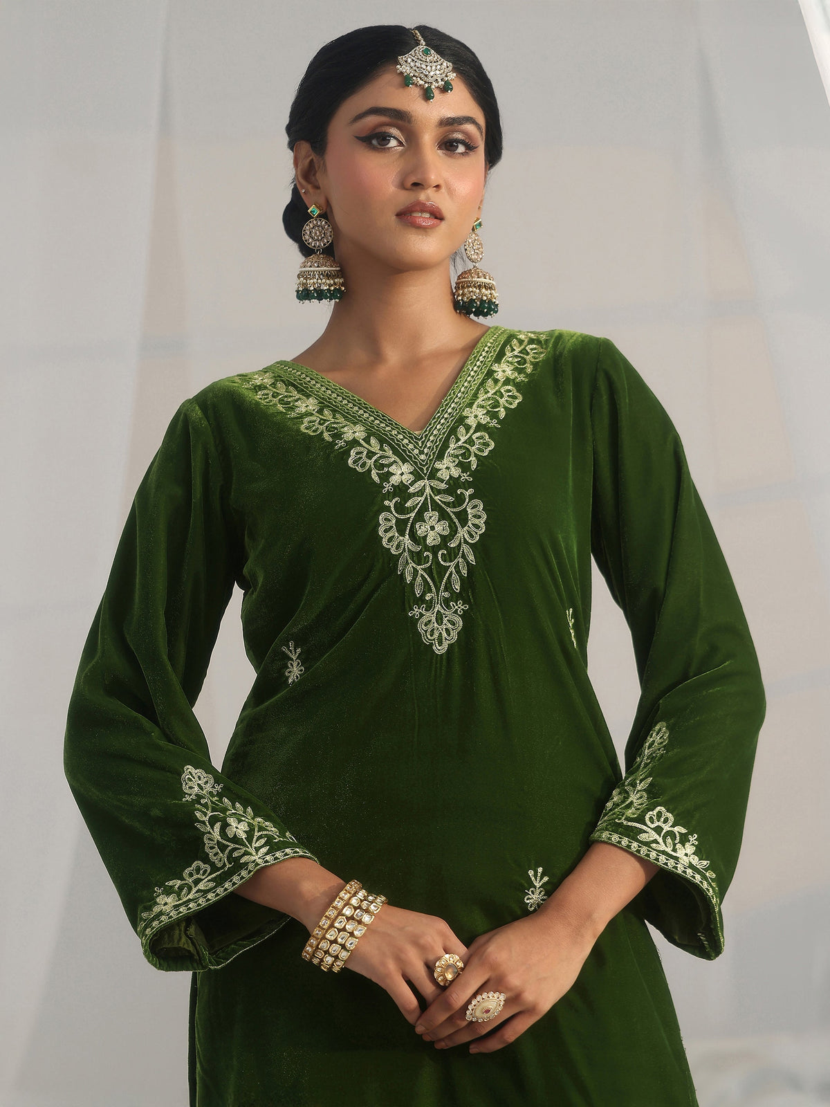 Libas Emerald Green Ethnic Embroidered Velvet Straight Suit Set