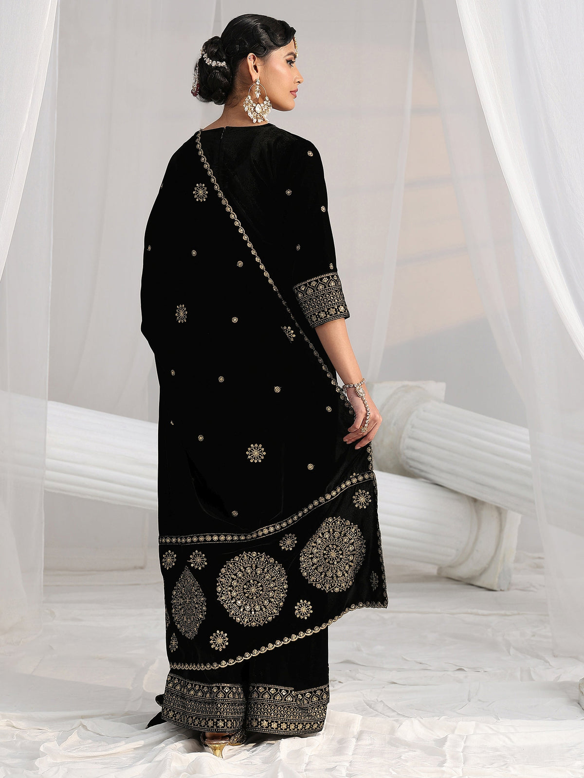 Libas Black Embellished Velvet Straight Suit Set