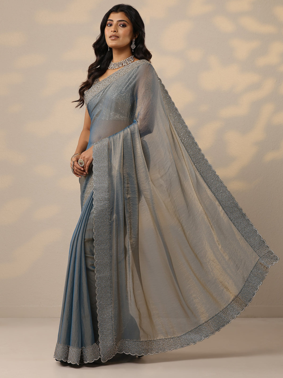 Libas Blue Embellished Organza Sarees With Unstitched Blouse Piece