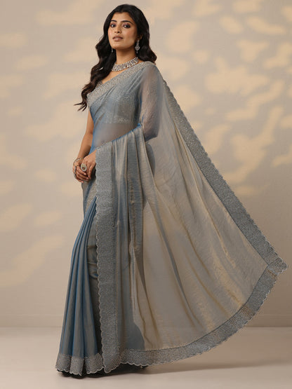 Libas Blue Embellished Organza Sarees With Unstitched Blouse Piece