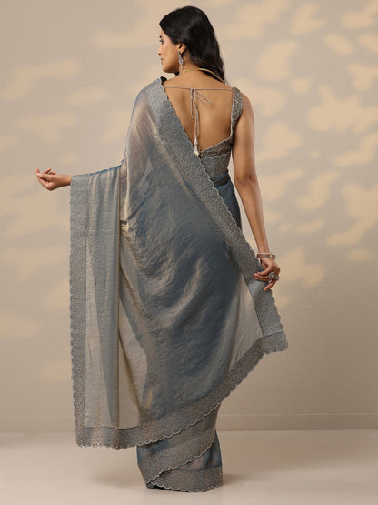 Libas Blue Embellished Organza Sarees With Unstitched Blouse Piece