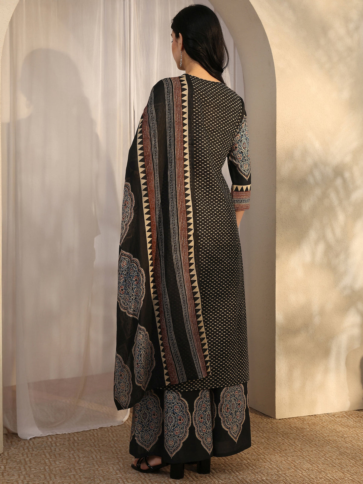 Libas Black Printed Cotton Straight Suit Set With Dupatta