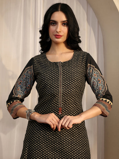 Libas Black Printed Cotton Straight Suit Set With Dupatta