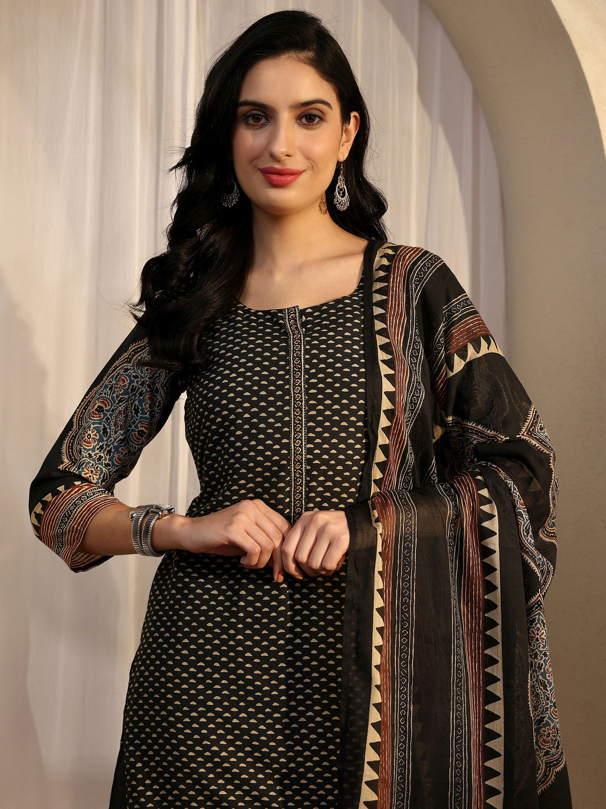 Libas Black Printed Cotton Straight Suit Set With Dupatta