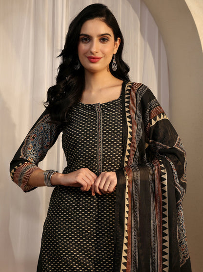 Libas Black Printed Cotton Straight Suit Set With Dupatta